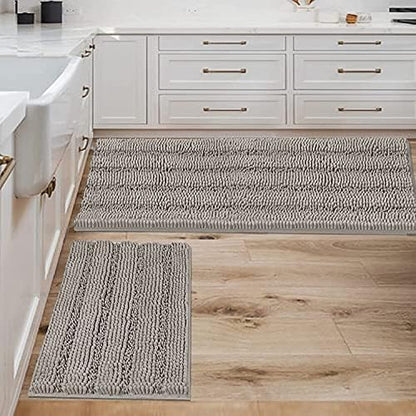 Non Slip Thick Shaggy Chenille Bathroom Rug Mat Set Extra Soft and Absorbent Striped Floor Rugs, 2 Piece, Machine-Washable