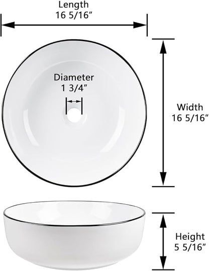 DeerValley 16'' Round Vessel Sink, Bathroom Sinks Above Counter White Ceramic Bathroom Vessel Sinks, Porcelain Sink Bowl for Bathroom, White Body with Black Trim Vanity Sink Basin DV-1V0030