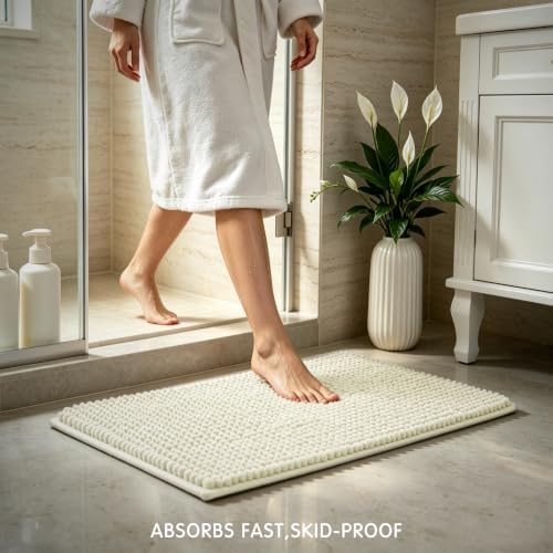 SUBRTEX Bathroom Rugs, 24" x 36" Chenille Bath Rug Soft Short Plush Bath Mat Soft Shower Mat Water Absorbent Shower Mat Quick Dry Machine Washable, Cream White