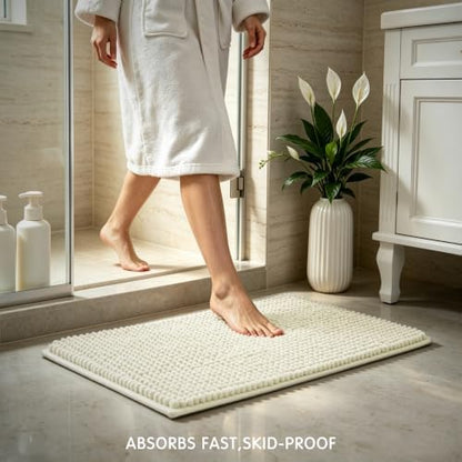 SUBRTEX Bathroom Rugs, 24" x 36" Chenille Bath Rug Soft Short Plush Bath Mat Soft Shower Mat Water Absorbent Shower Mat Quick Dry Machine Washable, Cream White