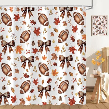 Fall Shower Curtain, Football Maple Leaves Bow Autumn Thanksgiving Funny Bathroom Decor, 72 x 72 Inch Polyester Fabric Waterproof Bathroom Curtain with 12 Hooks