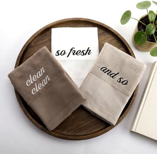 Tiamon 3 Pcs Bathroom Towel Decorative Set 100% Cotton Fluffy Bath Hand Towels for Guest Gifts Farmhouse Kitchen Hand Towels Home(White, Light Brown, Dark Brown,30 x 13 Inch,So Fresh and So Clean)