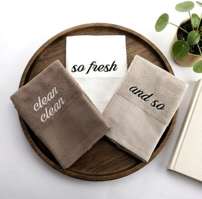 Tiamon 3 Pcs Bathroom Towel Decorative Set 100% Cotton Fluffy Bath Hand Towels for Guest Gifts Farmhouse Kitchen Hand Towels Home(White, Light Brown, Dark Brown,30 x 13 Inch,So Fresh and So Clean)