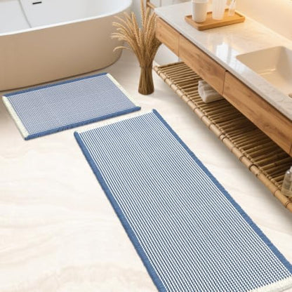IM HOME Waffle Bath Mat Set 2 Piece Blue & Cream,Woven Modern Bath Rug Mats, Absorbent Non Slip Bath Floor Mat, Soft Washable Boho Bath Rugs with Tassels for Bathroom, Bedroom, Kitchen,Tub