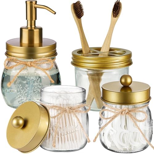 Amolliar Glass Mason Jar Bathroom Accessories Set 4 Pcs (Gold)