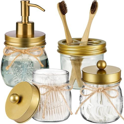 Amolliar Glass Mason Jar Bathroom Accessories Set 4 Pcs (Gold)