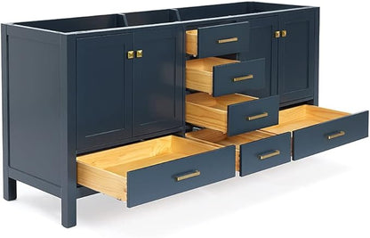 ARIEL Cambridge 72-inch Bathroom Vanity Base Cabinet,Solid Wood, 4 Soft Closing Doors, 6 Dovetail Drawers, Midnight Blue