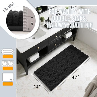 Yimobra Bathroom Rug Mat 47 x 24, Non Slip and Super Absorbent Bath Mat,Machine Washable Quick Dry,Ultra Plush Chenille Shower Rugs for Bathroom Floor Sink Tub and Shower Outside,Black