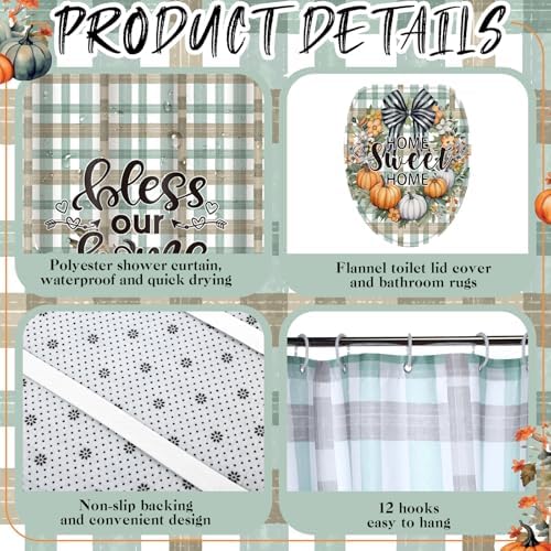 Honoson 8 Pcs Fall Pumpkin Plaid Shower Curtain Set, Bless Our Home Farmhouse Country Bath Decor with Non Slip U Mat, Rectangular Toilet Cover Towels for Autumn Thanksgiving Housewarming Decor