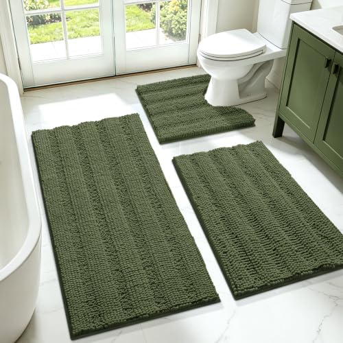 ACCUMTEK Christmas Striped Oliver Green Bathroom Rug Set 3 Pieces Ultra Soft, Non Slip Chenille Toilet Mat, Absorbent Plush Shaggy Bath Mats for Bathroom, Bedroom, Kitchen