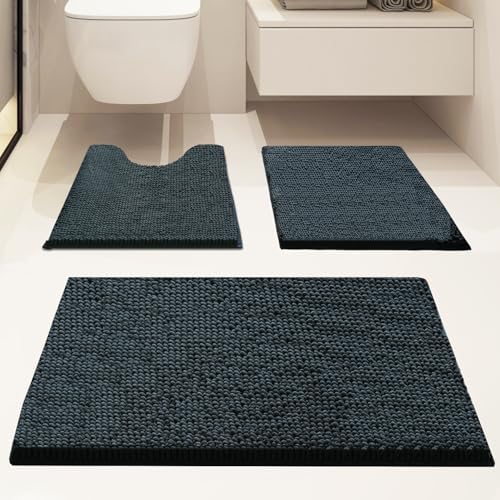 3 Piece Bathroom Rugs Set, Non-Slip Bath Mats with PVC Backing, Super Absorbent Washable Plush Carpet, Soft Shag Rug for Bathroom Bedroom Kitchen Home Decor (Dark Grey)