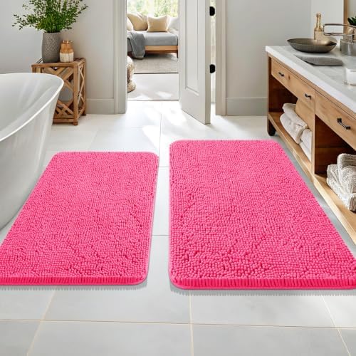 OLANLY Chenille Bathroom Rugs Mats Sets 2 Piece, 36"x24"+30"x20", Hot Pink