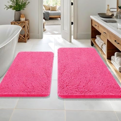 OLANLY Chenille Bathroom Rugs Mats Sets 2 Piece, 36"x24"+30"x20", Hot Pink