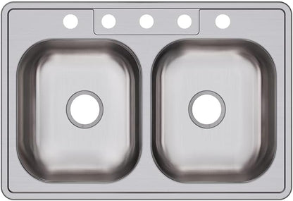 Dayton Stainless Steel 33" x 22" x 6-9/16", 5-Hole Equal Double Bowl Drop-in Sink