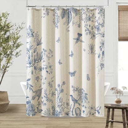ORTIGIA Linen Shower Curtain Farmhouse Vintage Blue Birds Floral Shower Curtains Spring Summer Boho Rustic Cottagecore Decor for Bathroom 72 W x 72 L