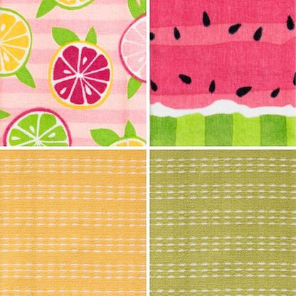 Ritz 4-Piece Kitchen Towel Set, Citrus Fruit & Watermelon Stripe Prints with Yellow & Lime Green Textured Terry, 100% Cotton & Absorbent Blend, 16" x 26", Bright Summer Fruit Kitchen Decor