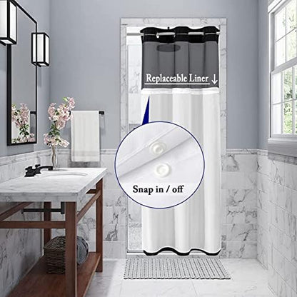 Gibelle No Hook Cloth Black Shower Curtain with Liner, 36x74
