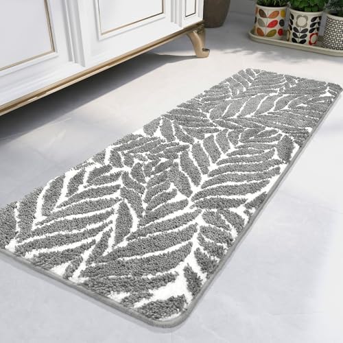 Gray Bathroom Runner Rug - Grey Long Bath Mat Tropical Leaf Bath Rugs Non Slip Washable Bathrug for Bathroom Floor, Cute Restroom Rug, Plant Absorbent Bathmat Botanical Home Decor 18" x 47"