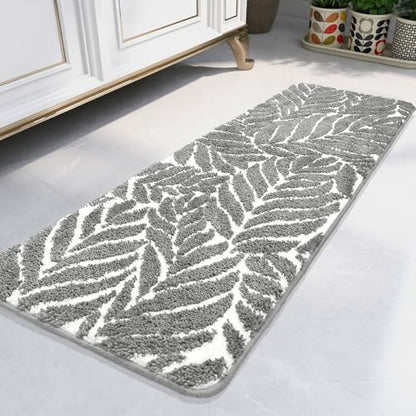Gray Bathroom Runner Rug - Grey Long Bath Mat Tropical Leaf Bath Rugs Non Slip Washable Bathrug for Bathroom Floor, Cute Restroom Rug, Plant Absorbent Bathmat Botanical Home Decor 18" x 47"