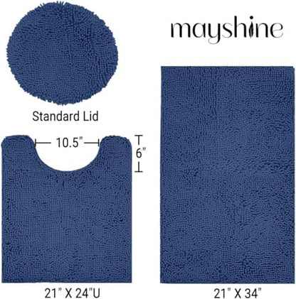 Standard 3pc Set Chenille Bath Mats, Includes 21"x24" U-Shaped Contour Toilet Rug, 21"x34" Inches Bathmat and 1 Toilet Lid Cover, Plush Absorbent Bath Mats Quick Dry, Dark Blue