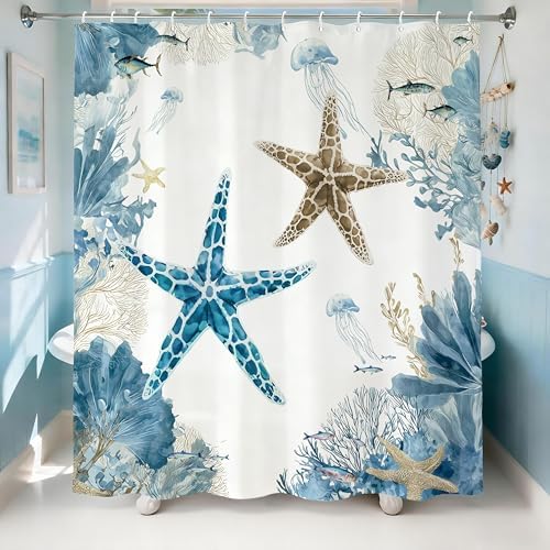 Blue Beach Shower Curtain for Bathroom, Ocean Coastal Theme, 72x84 In