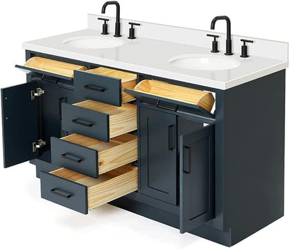 ARIEL Hepburn 60-inch Bathroom Vanity with Sink,Solid Wood, 1.5-inch Pure White Quartz Countertop & Backsplash, Double Oval Porcelain Sink, 4 Soft Closing Doors, 6 Dovetail Drawers, Midnight Blue