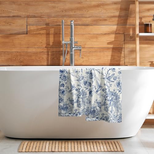 Chinoiserie Flowers Hand Towels Set of 2, Navy Blue Birds Floral Porcelain Decorative Bathroom Towel 28x14 Inch, Soft Absorbent Microfiber Wash Cloth for Kitchen Gym Hotel Home Decor
