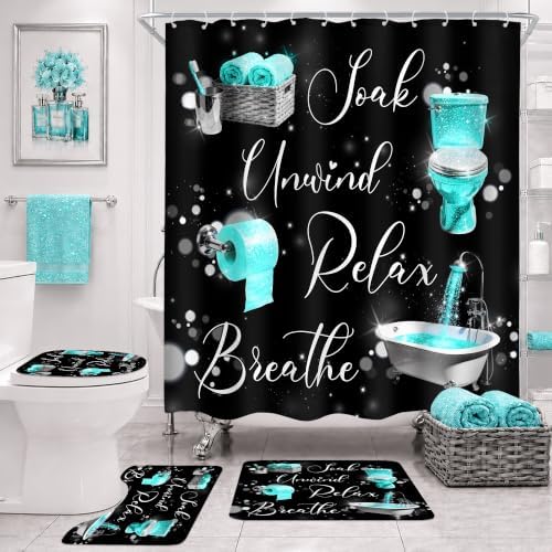 Teal Black Funny Quotes Positive 4Pcs Bathroom Shower Curtain Set with Rugs