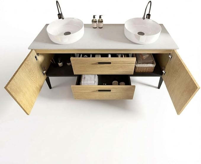 60" Double Bathroom Vanity with Sink Combo, Mid-Century Modern Bath Cabinet with 2 Doors & 2 Drawers, Large Storage for Bar, Hotel, Apartment, Natural Oak
