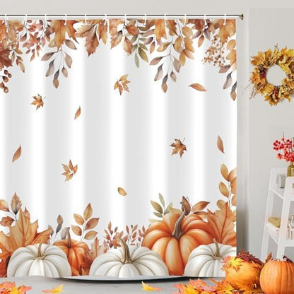 Fall Pumpkins Shower Curtain, Autumn Maple Leaf Leaves Harvest Thanksgiving Farmhouse Bathr Curtains Set,Waterproof Fabric Bathroom Curtains Decor 72 X 72 Inch