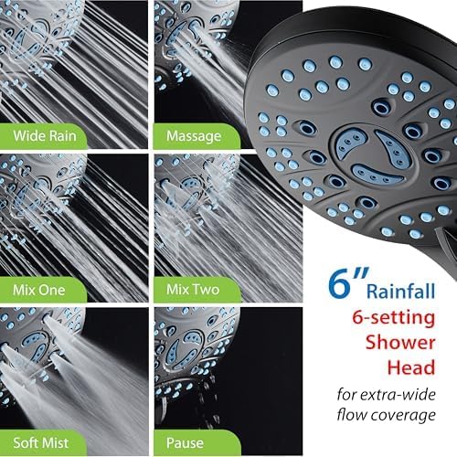 AquaCare 50-mode High Pressure Shower Head Combo with Arm & Dual Power Wash | Hygienic Jets, 2-mode Handheld Power Wash for Tub, Tile & Pets, Long 6 ft. Stainless Steel Hose, Extra Wall Bracket / Black
