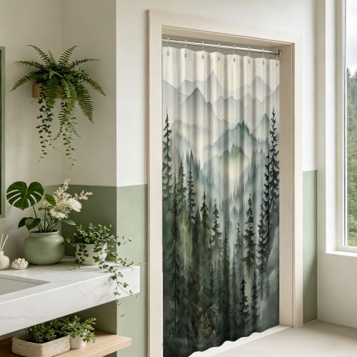 Sage Green Forest Stall Shower Curtain, 54X72 in Narrow Small, Mountain