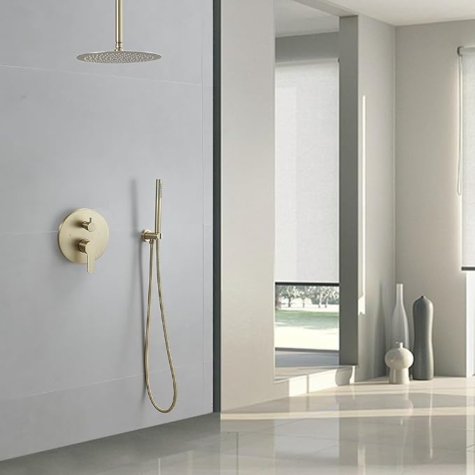 Brushed Gold Ceiling Mount Round Rain Shower System with 12 Inch Shower Head and Handheld Bathroom Shower Set Contain Shower Faucet Trim Kit (Mixer Valve Included)
