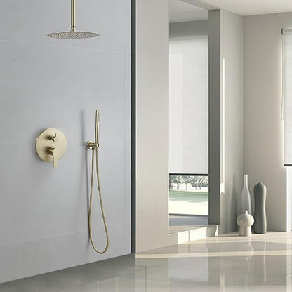 Brushed Gold Ceiling Mount Round Rain Shower System with 12 Inch Shower Head and Handheld Bathroom Shower Set Contain Shower Faucet Trim Kit (Mixer Valve Included)