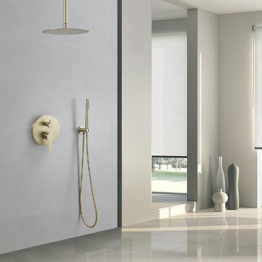 Brushed Gold Ceiling Mount Round Rain Shower System with 12 Inch Shower Head and Handheld Bathroom Shower Set Contain Shower Faucet Trim Kit (Mixer Valve Included)