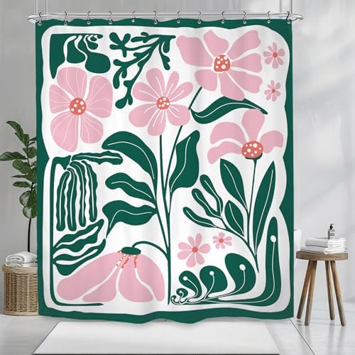 Abstract Flower Matisse Shower Curtain 60Wx72L Inch Pink Green Plant Minimalist Contemporary Retro Art Groovy Modern Bathroom Set Accessories Decor with 12 Pack Hooks