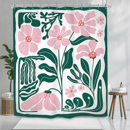 Abstract Flower Matisse Shower Curtain 60Wx72L Inch Pink Green Plant Minimalist Contemporary Retro Art Groovy Modern Bathroom Set Accessories Decor with 12 Pack Hooks