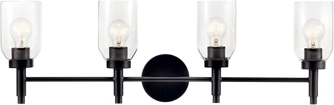 Kichler Madden 4-Light Vanity with Clear Glass in Black, Sloped Ceiling Compatible, for Single or Double Vanity in Bathroom (10.5" x 34"), 55186BK