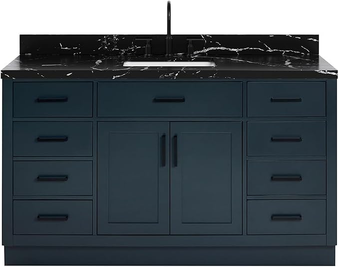 ARIEL Hepburn 60 Inch Single Rectangle Sink Bathroom Vanity with Nero Marquina Black Quartz Countertop 1.5 Inch in Midnight Blue