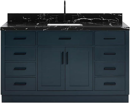 ARIEL Hepburn 60 Inch Single Rectangle Sink Bathroom Vanity with Nero Marquina Black Quartz Countertop 1.5 Inch in Midnight Blue