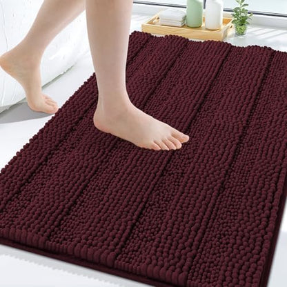 Grandaily Chenille Striped Bathroom Rugs 30x20, Extra Thick and Soft Absorbent Bath Mats, Rubber Backing, Plush Shaggy Shower Carpet, Machine Wash Dry, Bath Rug for Bathroom, Black Cherry