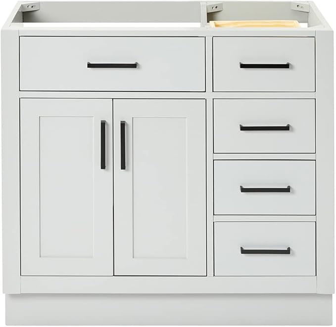 ARIEL Hepburn 36-inch Bathroom Vanity Base Cabinet,Solid Wood, 2 Soft Closing Doors, 5 Dovetail Drawers, Grey