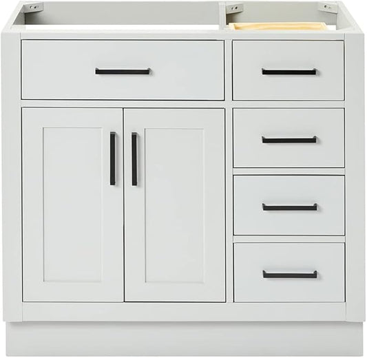 ARIEL Hepburn 36-inch Bathroom Vanity Base Cabinet,Solid Wood, 2 Soft Closing Doors, 5 Dovetail Drawers, Grey