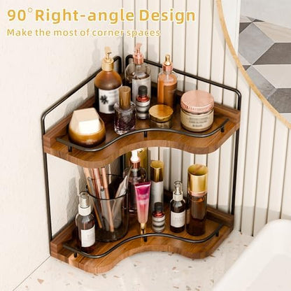 2-Tier Corner Bathroom Counter Organizer, Larger, Acacia Wood