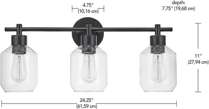 Globe Electric 65556 All-in-One 5-Piece Bathroom Set, Matte Black Finish, 3-Light Vanity with Clear Glass Shades, Towel Ring, Toilet Paper Holder, Robe Hook, and Towel Bar, Modern Bathroom Lighting