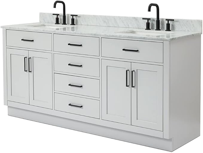 ARIEL Hepburn 72-inch Bathroom Vanity with Sink,Solid Wood, 0.75-inch Italian Carrara Marble Countertop, Double Rectangular Porcelain Sink, 4 Soft Closing Doors, 6 Dovetail Drawers, Grey