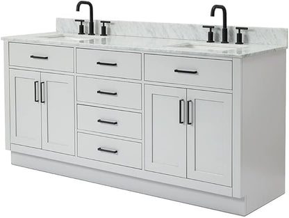 ARIEL Hepburn 72-inch Bathroom Vanity with Sink,Solid Wood, 0.75-inch Italian Carrara Marble Countertop, Double Rectangular Porcelain Sink, 4 Soft Closing Doors, 6 Dovetail Drawers, Grey