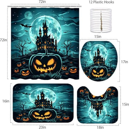 NBVKO Halloween Castle Pumpkin Waterproof Shower Curtain Set,with Non-Slip Rugs,Toilet Lid Coverand Bath Mat,Halloween Bathroom Decor Accessory Set