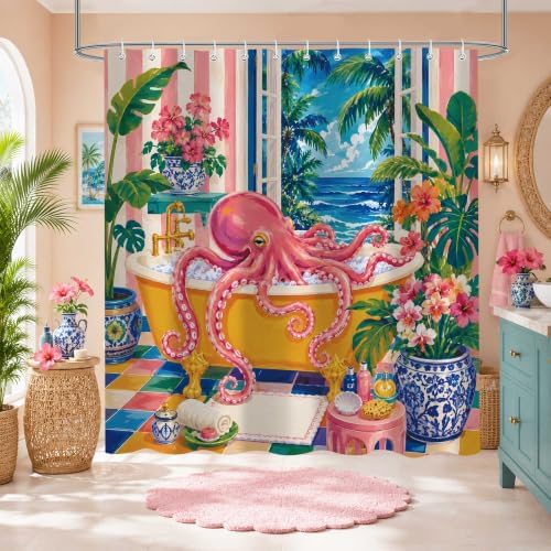 Tropical Octopus Shower Curtain, Ocean Bathroom Decor, 72 x 72