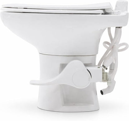 SEAFLO Porcelain RV Toilet with Sprayer Attachment - Elongated Bowl 19” Inch Residential Height, Gravity Flush, Foot Pedal Soft Close Seat Camper Motorhome Easy Install 4 -year Warranty SFRTCH-02-02